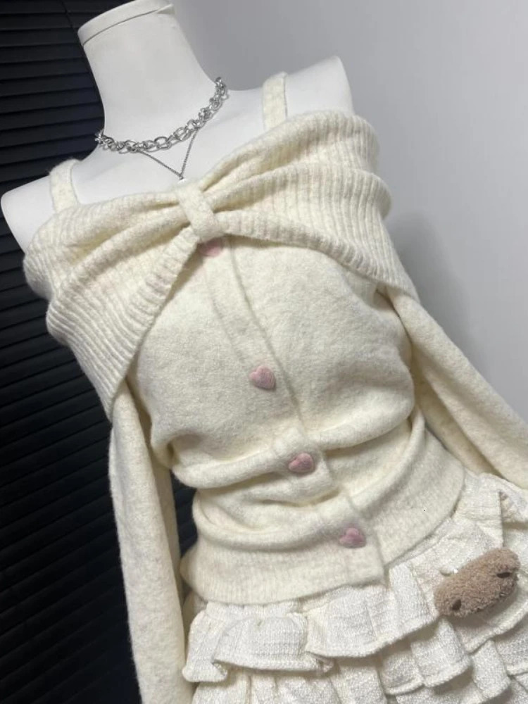 Sweet Slash Neck Sweater Women Kawaii Single Breasted Y2k Aesthetic Off Shoulder Slim Tops Sweater Fairy Bow Knitwear Jumper 251215