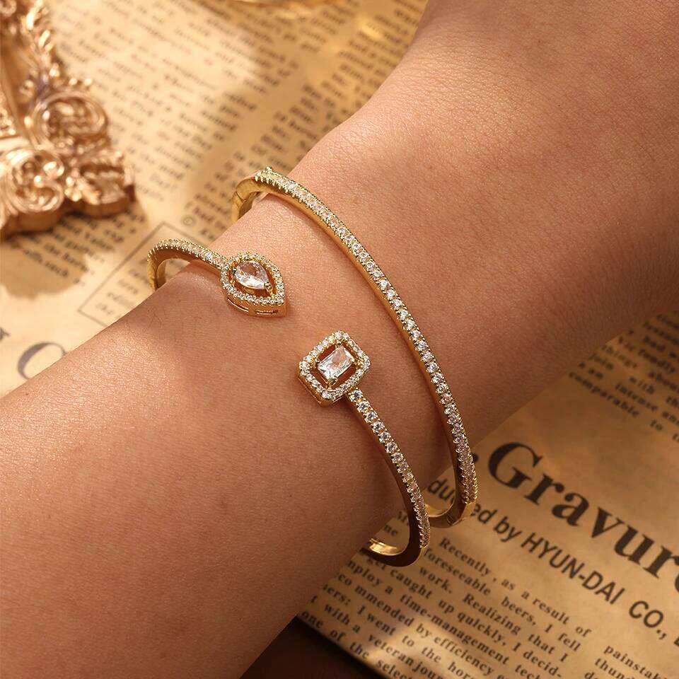 ZAKOL Classic Geometric AAA Cubic Zirconia Open Bracelet for Women Shiny Crystal Engagement Wedding Party 2 Pcs Bangle Set