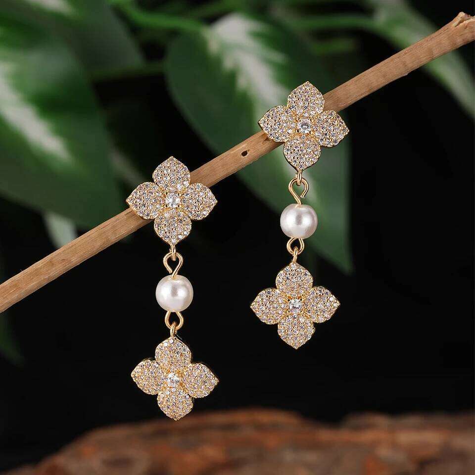 ZAKOL New Shiny Micropaved Zirconia Leaf Flower Drop Earring Imitation Pearl Glamor Bridal Earrings Women's Wedding Jewelry