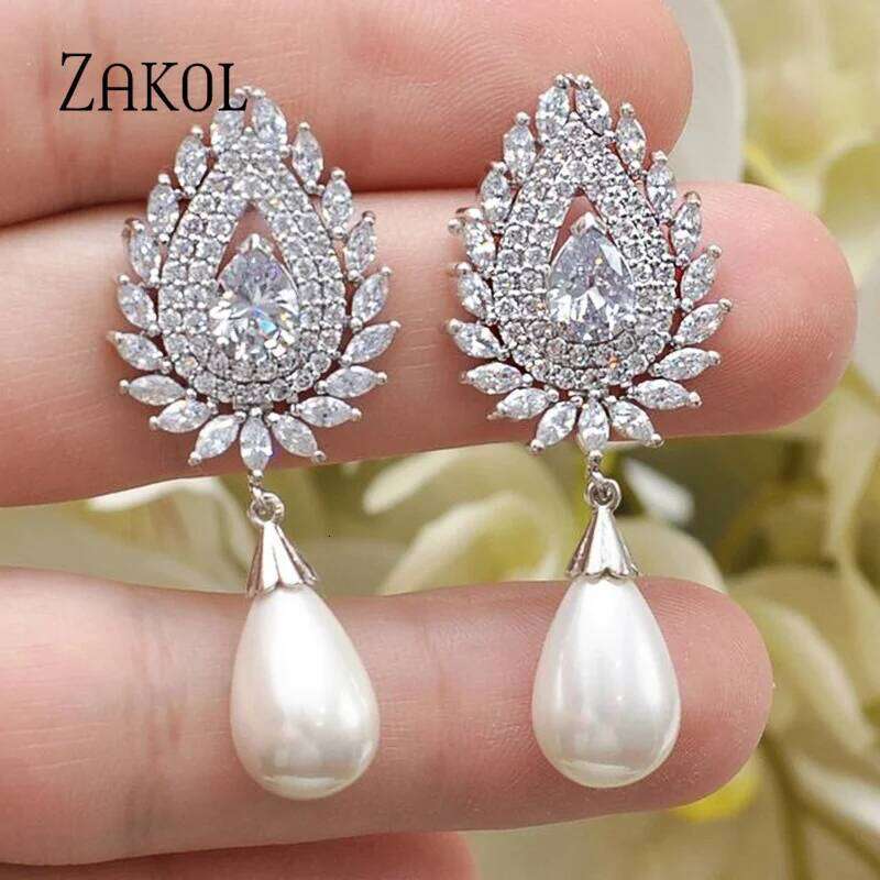 ZAKOL Vintage White Imitation Pearls Dangle Earrings for Women Luxury Water Drop Zircon Bridal Wedding Jewelry