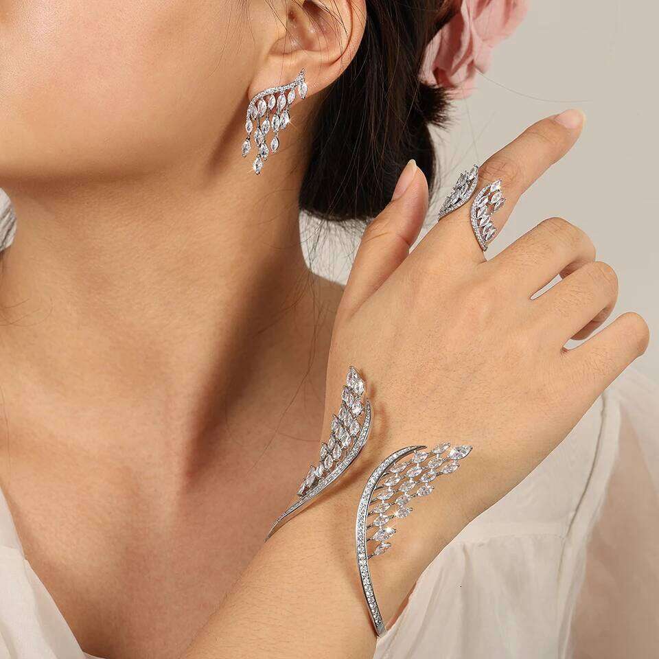 ZAKOL Luxury White Gold Color Wings Shape Cuff Bangle Ring Set for Women AAA Cubic Zirconia Bridal Women's Party Wedding Jewelry