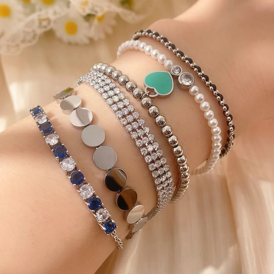 CARLIDANA Stackable Silver Color Stainless Steel Square Tennis Bracelet Women Pearl Zircon Colorful Heart Tennis Bracelet 251223