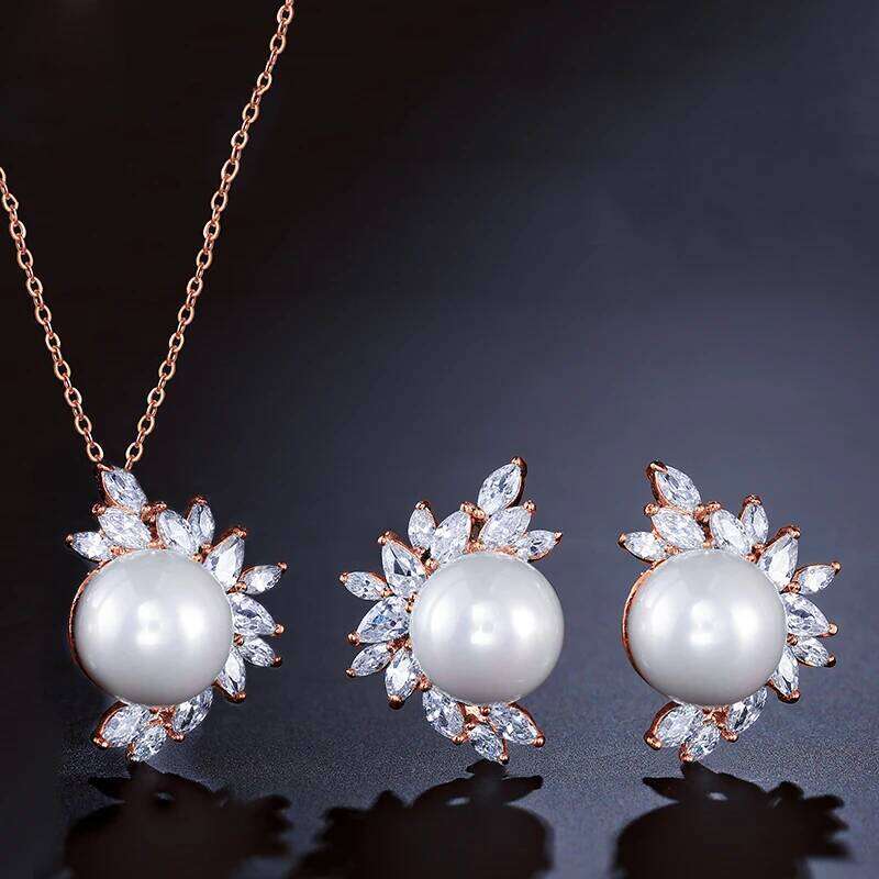 ZAKOL Simple White Smooth Imitation Pearl Earring Necklace Set for Women Shiny Zircon Crystal Wedding Party Jewelry