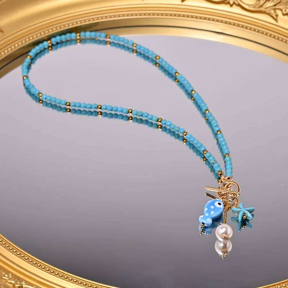 ZAKOL Bohemian Sea-Inspired Ceramic Fish & Starfish Pendant Necklace Dopamine Rainbow Color Beads Necklaces Beach Jewelry