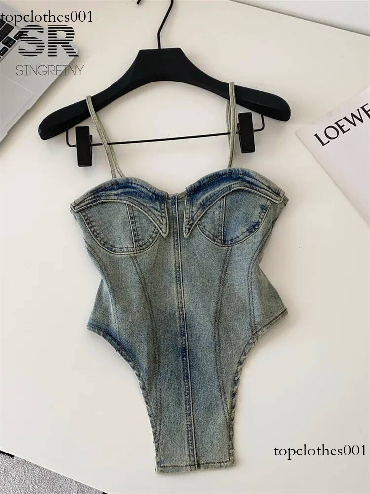 SINGREINY Ladies Sexy Denim Camisole Summer Slim Backless American Fashion Tank Vintage Distressed Streetwear Lingerie Top