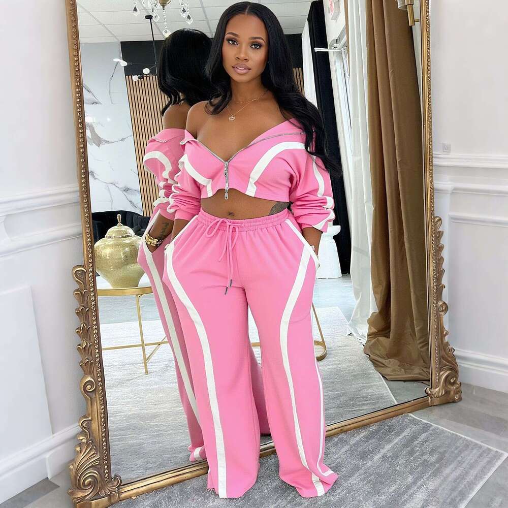 Amazon Hot-Selling Women's Clothing Autumn Winter Color-Block Long Sleeve Cardigan Sports Style Two-Piece Fashion Casual Set