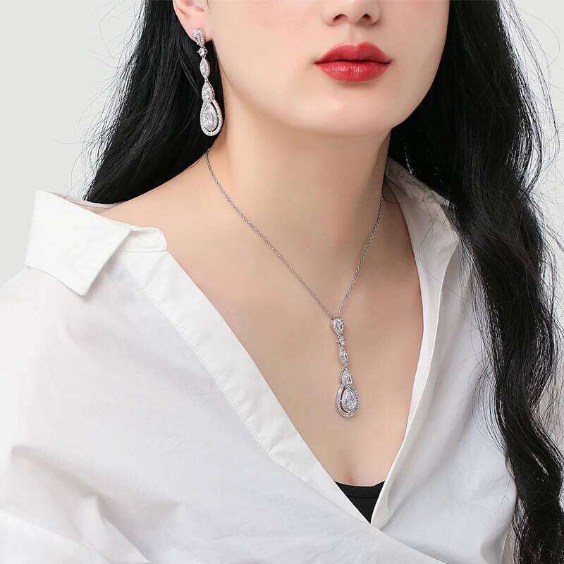 ZAKOL Elegant Zircon Bridal Wedding Jewelry Set Luxury Clear AAA Cubic Zirconia Long Drop Earrings Necklace