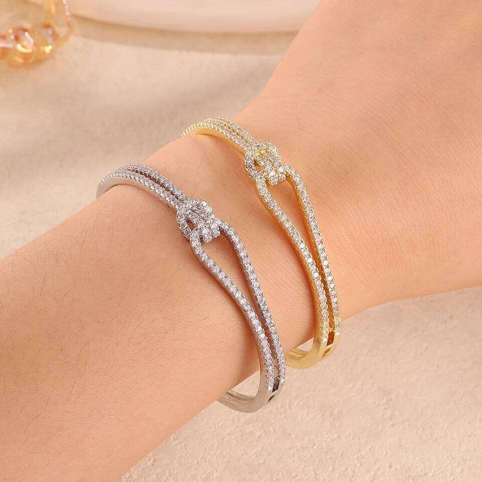 ZAKOL Classic Knotted Niche Design Micro-Inlaid Zircon Open Bracelet Ring for Women Exquisite Wedding Party Jewelry