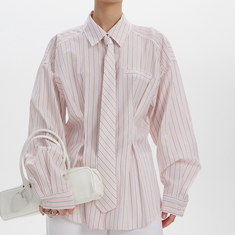 New free shipping Women's Commuter Printed Striped with Turn-down Collar, Long Sleeves, Tie Design, and Waist-cinching Shirt