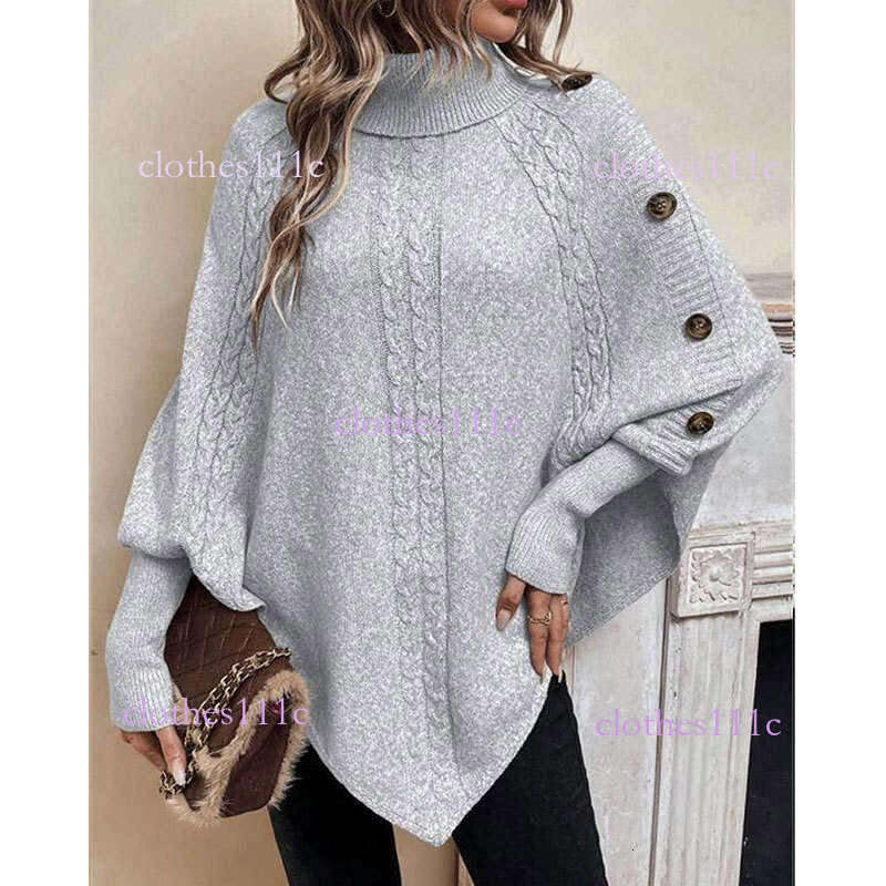 European And American Autumn Winter New Sweater Women's Clothing Amazon Cross-Border Knitted Fashion Cable Knit High Neck Button Batwing Sleeve T