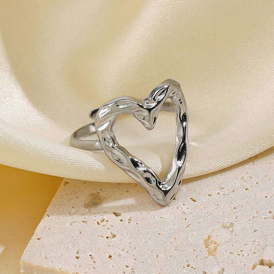 ZAKOL Stainless Steel Irregular Hollow Heart for Women Fashion Charm Adjustable Open Ring Party Jewelry