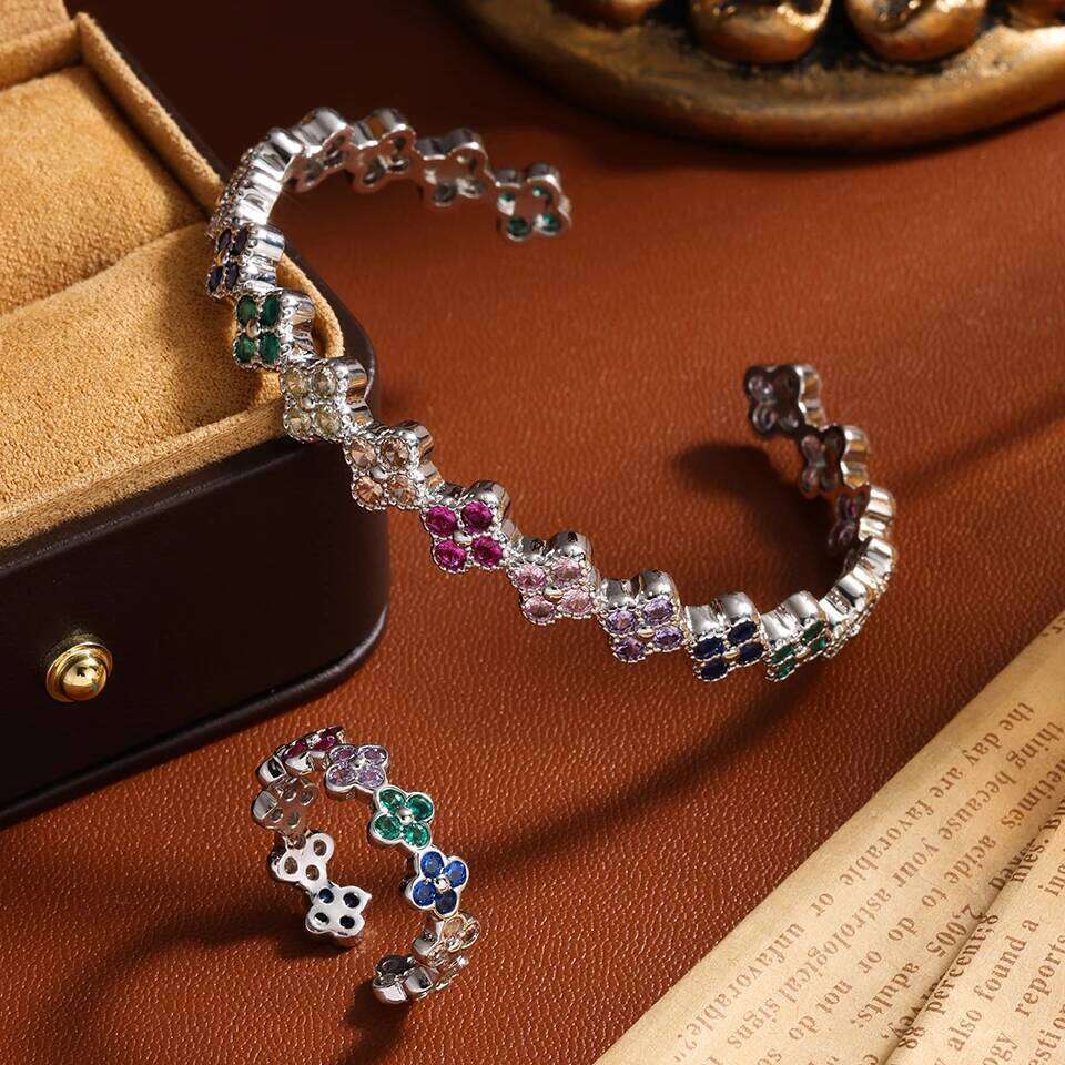 ZAKOL Luxury Four-leaf Flower Zircon Bracelet Ring Set for Women Gorgeous Shiny Colorful CZ Wedding Party Jewelry