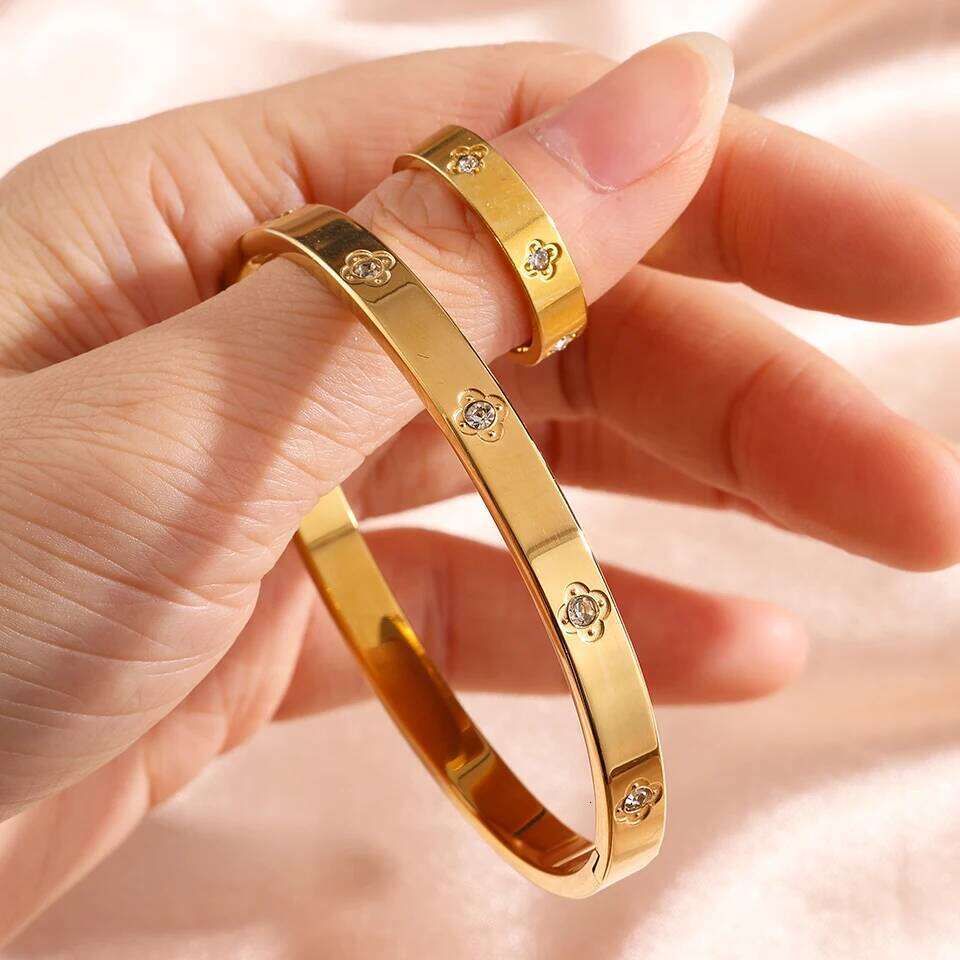 ZAKOL 6 Styles Available Golden Stainless Steel Ring Bracelet Set for Women Men Exquisite Couple Birthday Christmas Jewelry Gift