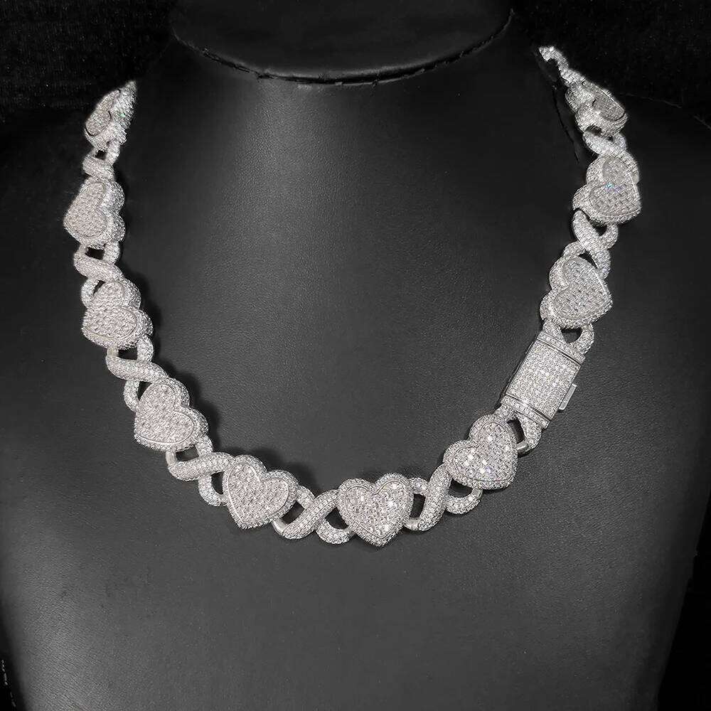 jewelry Women's 15mm White Gold Plated Cuban Choker Iced out Jewelry Bling Zircon Heart infinite Link Chain Necklace b36