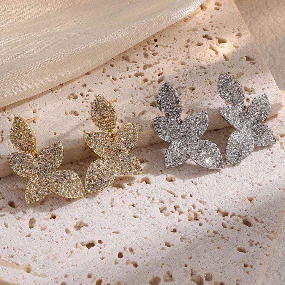ZAKOL Brand New Micro Paved AAA Zirconia Big Leaf Flower Earrings for Women Luxury Elegant Wedding Jewelry