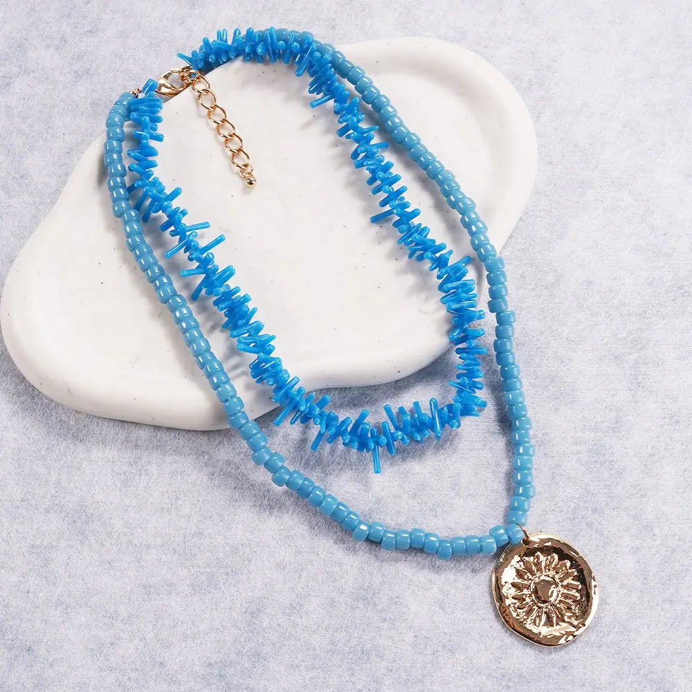 Summer Ethnic Blue Multilayer Coral Beads Necklace Cactus Pendant Retro Western Choker Beach Fashion Accessory Gift 251223
