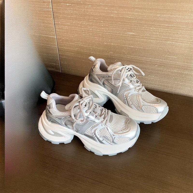 2025 designer's fashionable retro silver white thick sole height increasing sports and leisure women's shoes