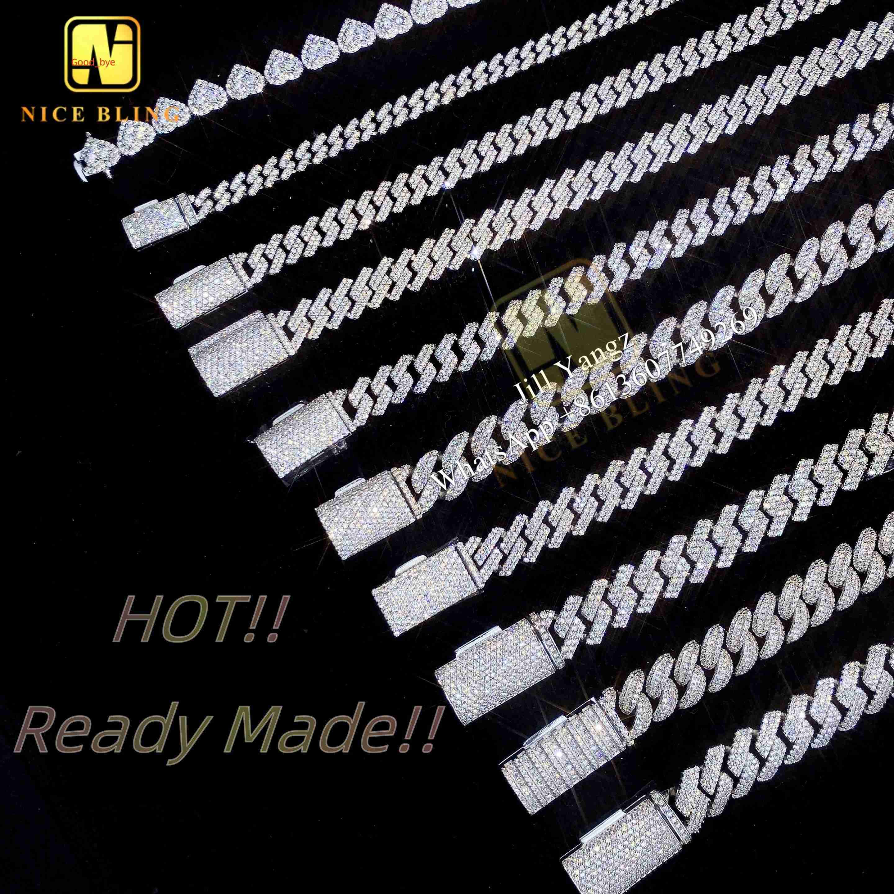 Nice Bling Jewelry Affordable Moissanite Cuban Bracelet Ready Stock 6mm to 14mm Hip Hop Rock Moissanite Cuban Chain 925 Silver