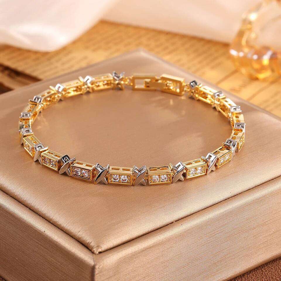ZAKOL Three Gold Colors X Cross Design Zirconia Charm Bracelets for Women Exquisite Wedding Party Jewelry Gifts