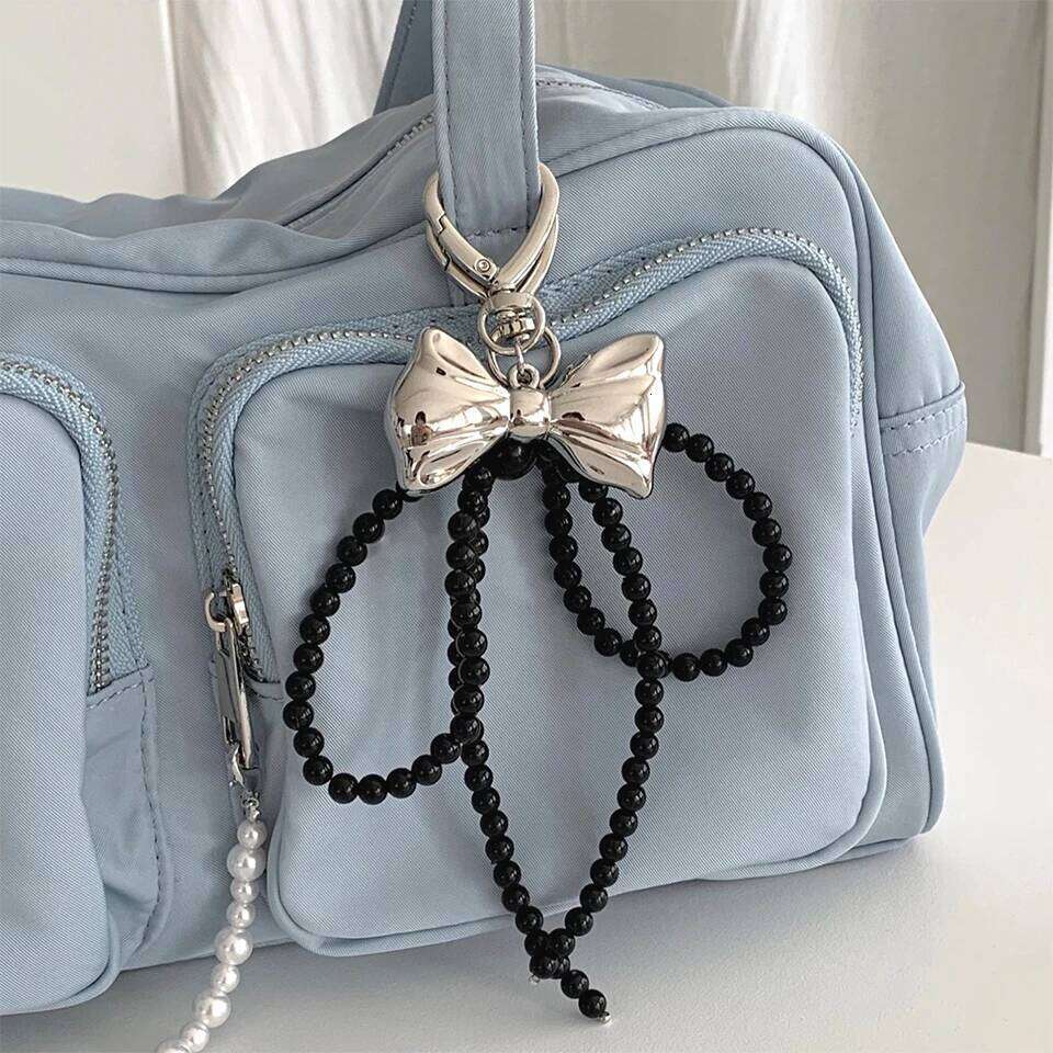 ZAKOL Y2K Korean Cute Beaded Pearl Bowknot Keychain for Women Girls Metal Bow Pendant Bag Decoration Accessories