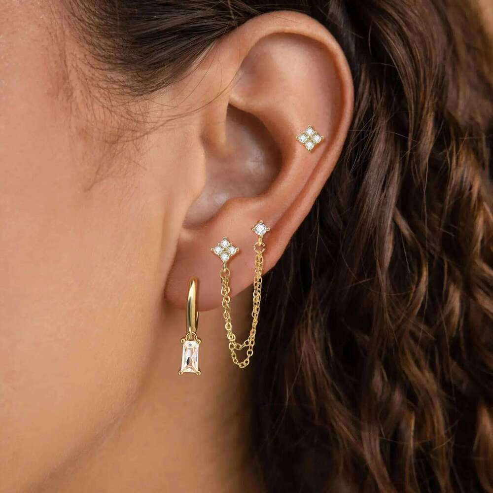 ZAKOL 3pcs Gold Color Stainless Steel Four-Leaf Flower Crystal Stud Earrings Set For Women Exquisite Piercing Jewelry Charm