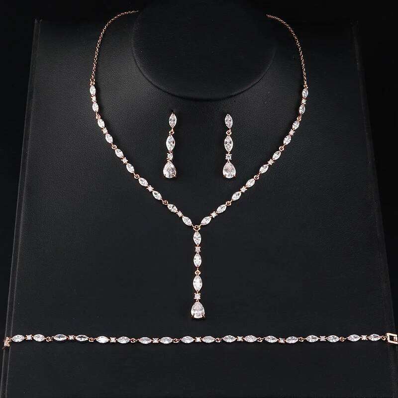 ZAKOL Luxury Water Drop Zirconia Wedding Gorgeous Shiny CZ Necklace/Bracelet/Earrings Jewelry Sets for Bridal