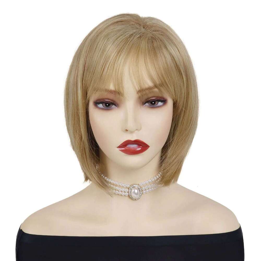 Synthetic Mix Blonde Bob with Bangs Short Straight Wigs for Women Natural Looking Daily Casual Party Mom Wig Heat Resistant