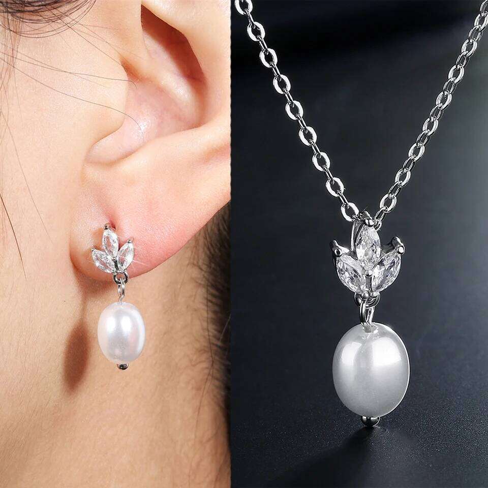 ZAKOL Fashion Leaf Shiny Zircon Pearl Drop Earring Necklaces Sets for Women Charming Wedding Jewelry Gift