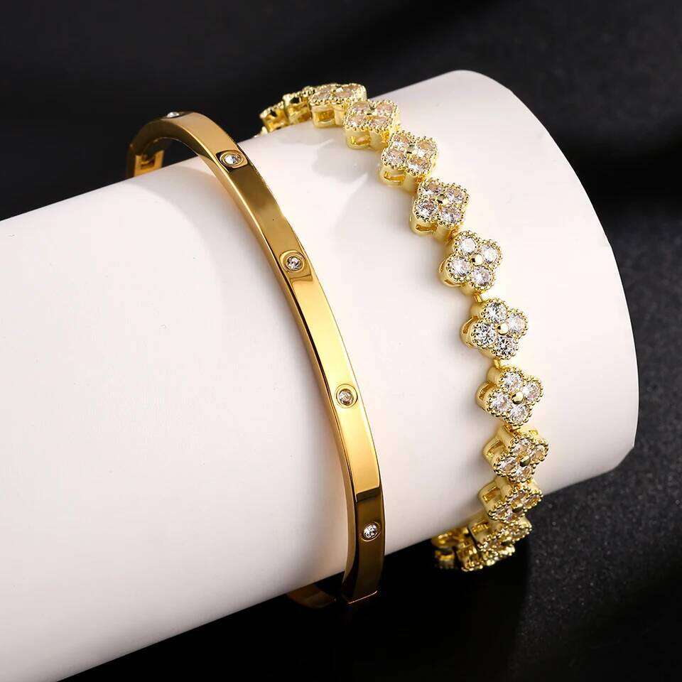 ZAKOL Colorful Zircon Inlaid Four Leaf Flower Bracelet Bangle For Women Exquisite Stainless Steel Plum Blossom Jewelry Gift