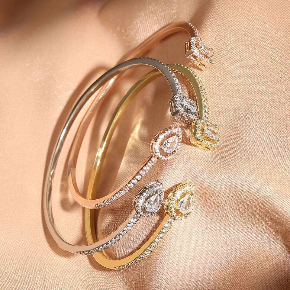 Luxury Geometry Gold Color Cuff Bangles For Women Fashion Cubic Zirconia Bracelets INS Party Everyday Jewlery.