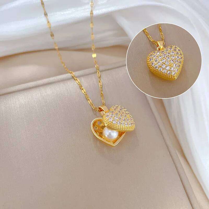 ZAKOL French Shell Pearl Necklace For Women Gold Color Stainless Steel Zircon Love Heart Clavicle Chain Choker Wedding Jewelry