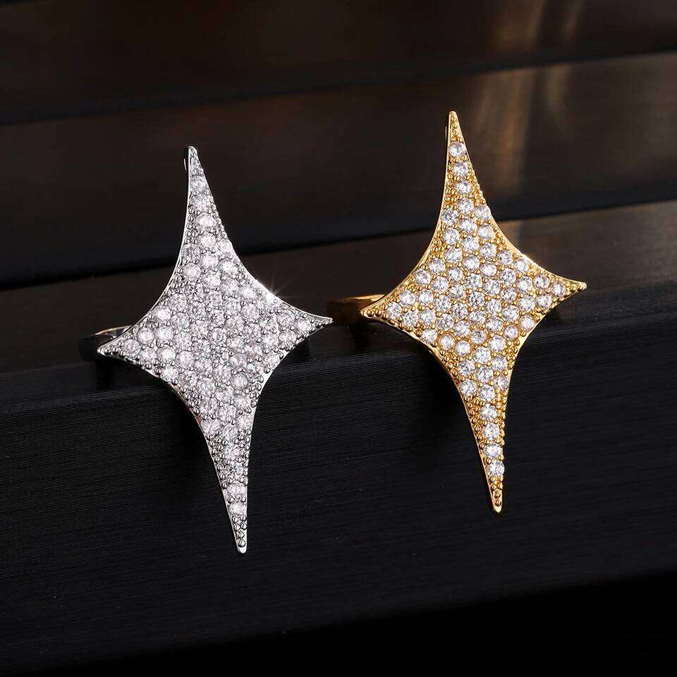 ZAKOL Advanced Four Pointed Star Open With Micro Inlaid Zirconia Ring For Women Shiny Crystal Exquisite Jewelry Gift