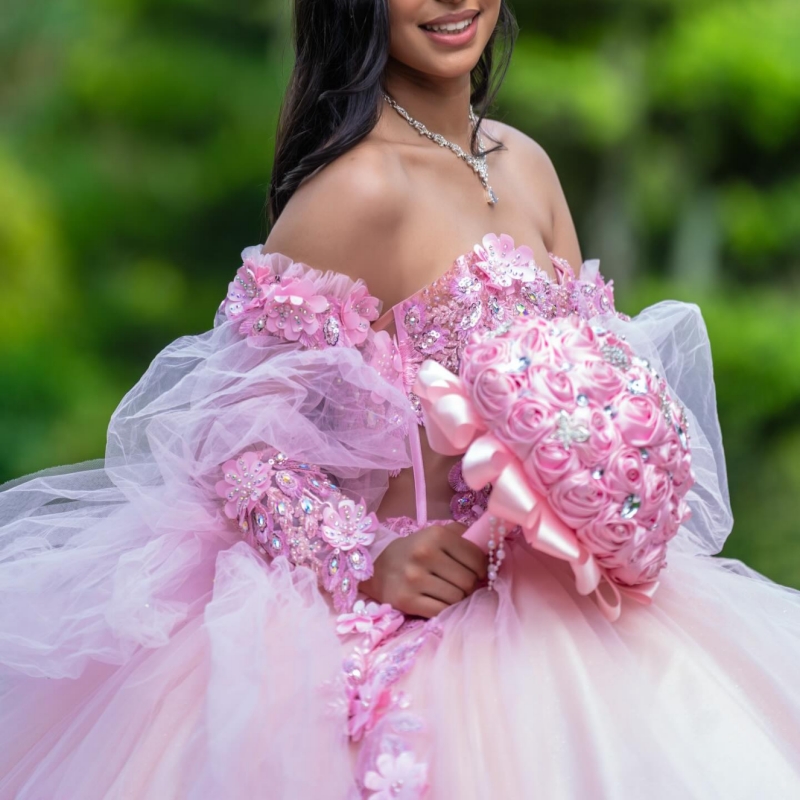 Pink Quinceanera Dresses Ball Gown Off The Shoulder Applique Flower Beading Crystal Corset Party Birthday Sweet 16 Dres Vestidos 15 Anos