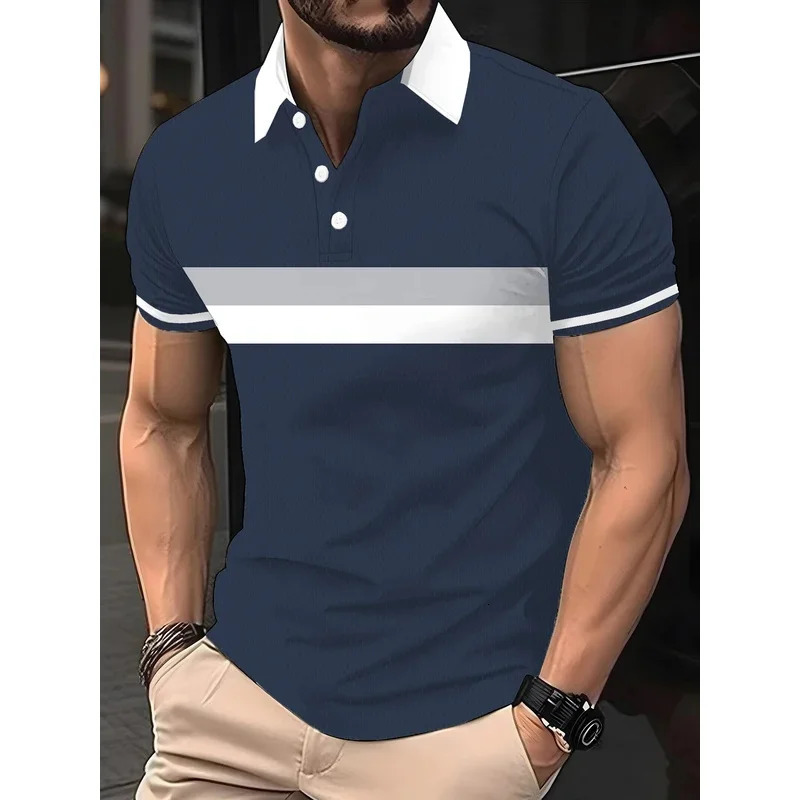 Mens polo shirt with button collar shortsleeved pullover summer casual sports solid color striped lapel mens trend Tshir 251219