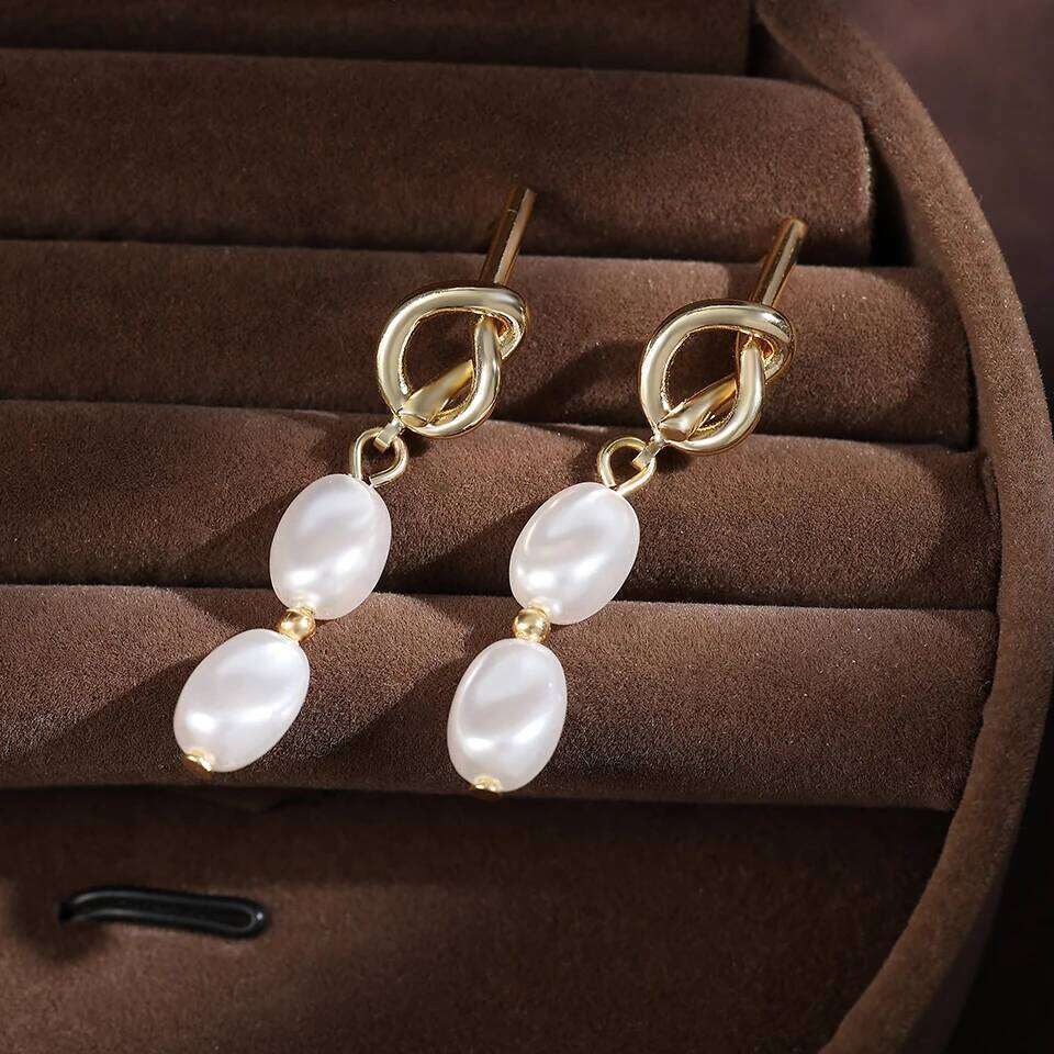 ZAKOL Golden Knotted Metal Imitation Pearl Pendant Earrings for Women Elegant Party Jewelry Holiday Gift