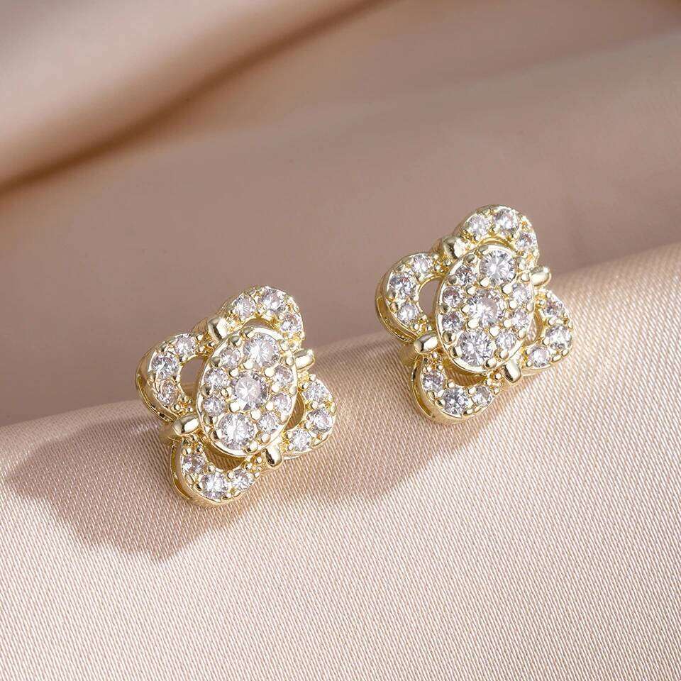 ZAKOL Geometric Dazzling Big Crystal Zirconia Flower Stud Earrings Cute Exquisite Shiny Zircon Women's Aesthetic Jewelry Gift