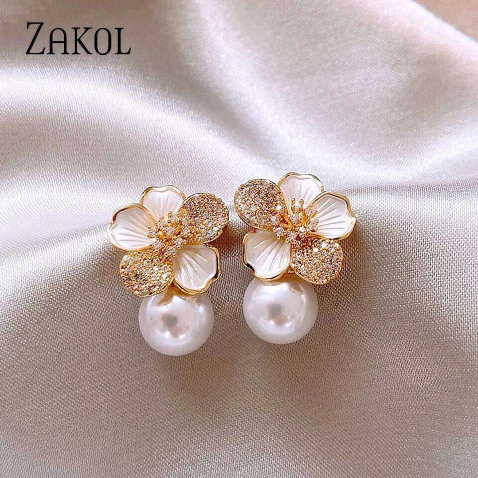 ZAKOL Luxury Micro Set Zircon White Enamel Camellia Pearl Pendant Earrings for Women Exquisite Party Ear Accessories