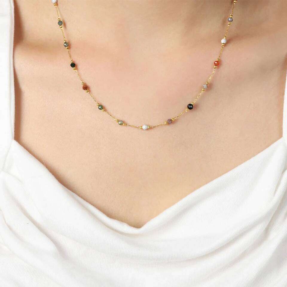 ZAKOL 316L Stainless Steel Natural Colored Beads Necklace Bracelet Bohemian Trend Non-fading Colorful Jewelry Set Gift