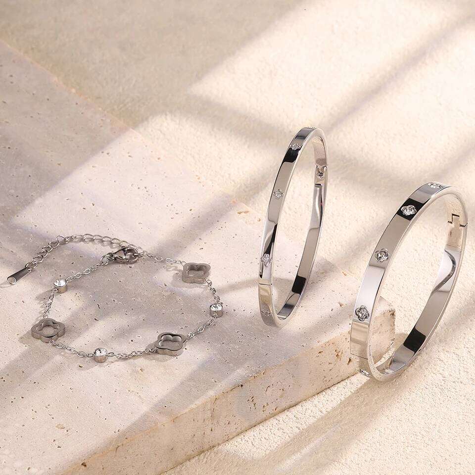 ZAKOL 3Pcs Stainless Steel Stacked Bracelet Bangles for Women Men Couple Exquisite Zircon Inlaid Valentine's Day Jewelry Gifts