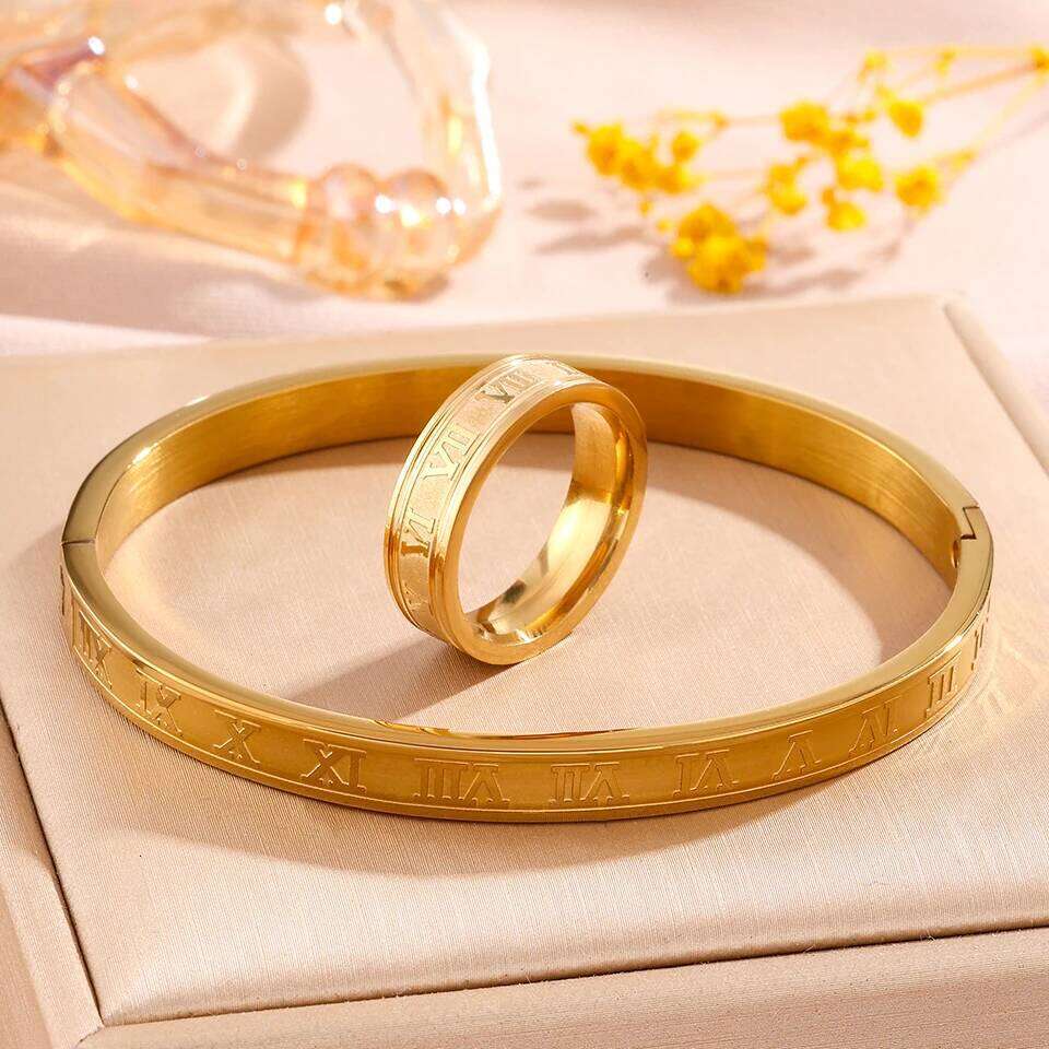 ZAKOL Trendy Roman Numeral Stainless Steel Bracelet Ring Set for Women And Men Minimalist Versatile Personalized Jewelry