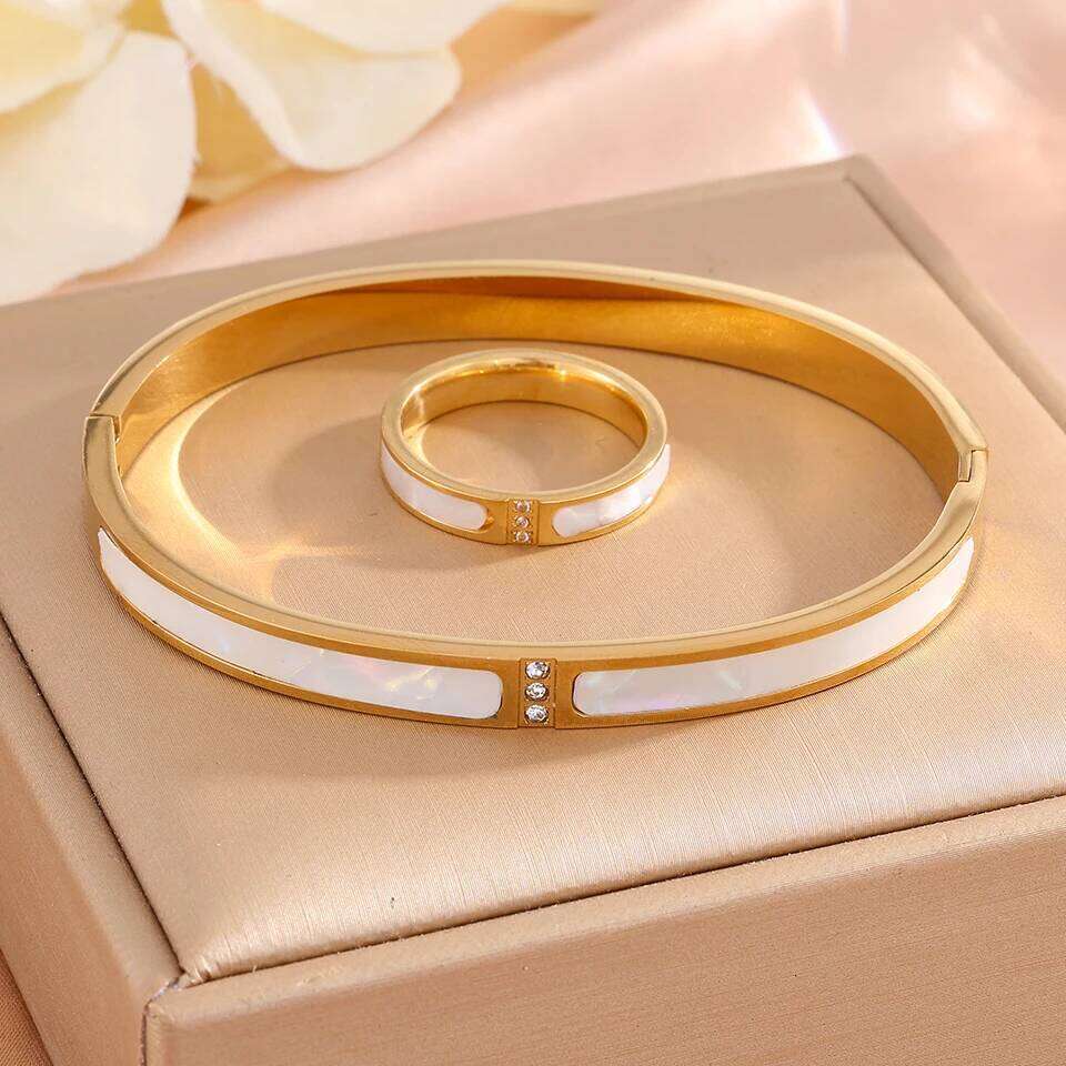 ZAKOL 6 Styles Available Golden Stainless Steel Ring Bracelet Set for Women Men Exquisite Couple Birthday Christmas Jewelry Gift