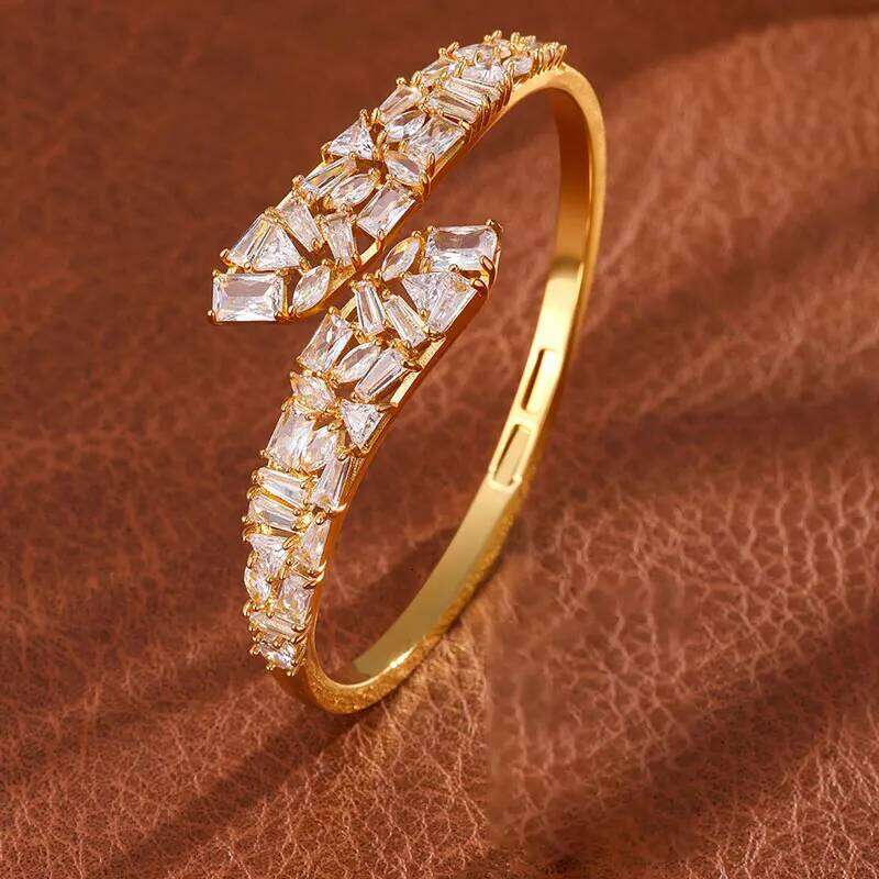ZAKOL Shiny Brilliant Zircon Cross Leaves Open Bracelet for Women Luxury Elegant Dubai Bride Jewelry Accessories Party Gift