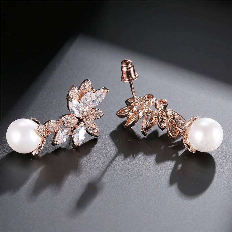 ZAKOL Luxury AAA Cubic Zirconia Pearl Drop Earrings Elegant Leaf Zircon Wedding Jewelry for Women
