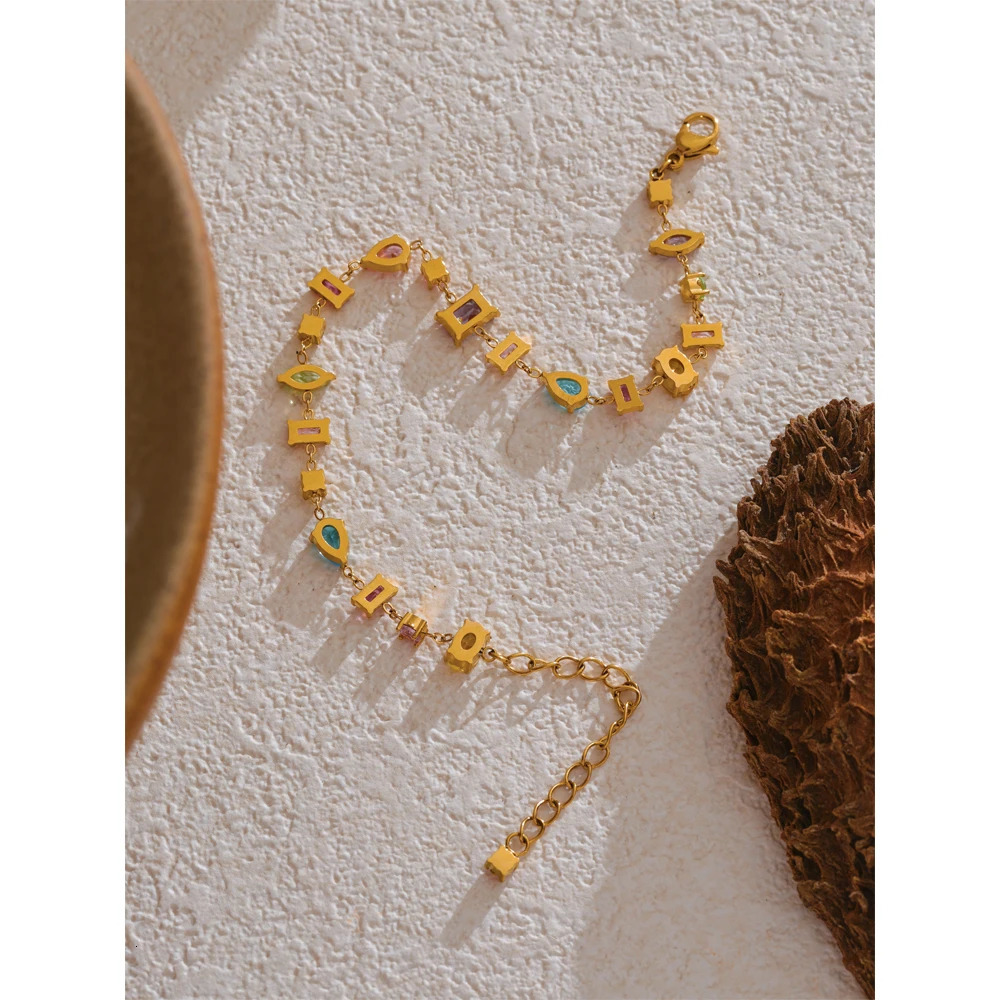 Yhpup Waterproof Gift Delicate Colorful Cubic Zirconia Chain Chic Bracelet Bangle Women Stainless Steel Wrist Jewelry 251223