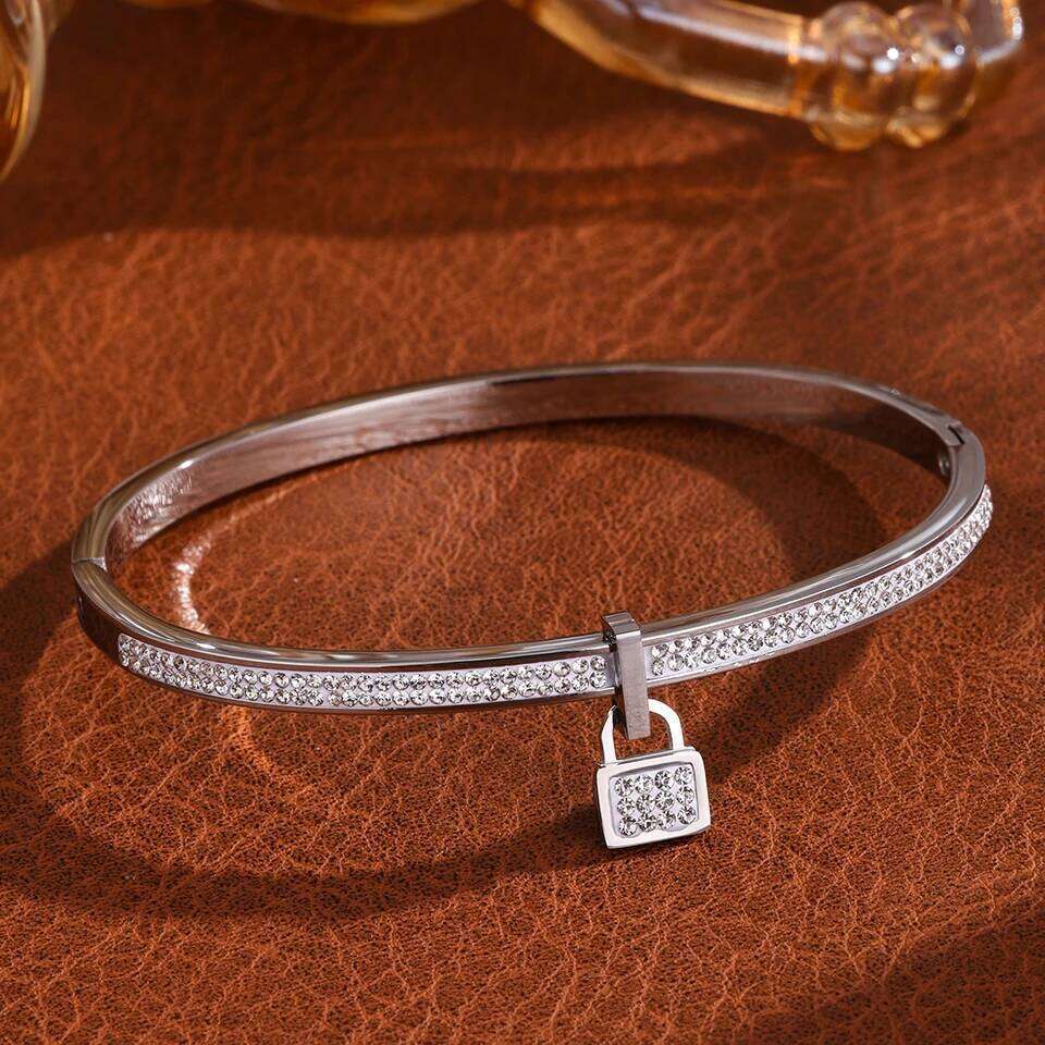 ZAKOL Hot Sale Stainless Steel Zircon Inlaid Bracelet Roman Numeral Hanging a Lock Bangle Waterproof Jewelry Gift for Women