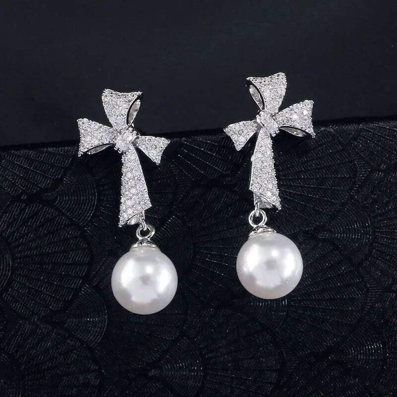 ZAKOL Simple New Trendy Korean Bow Zircon Pearl Drop Earrings for Women Luxury Engagement Wedding Jewelry Wholesale