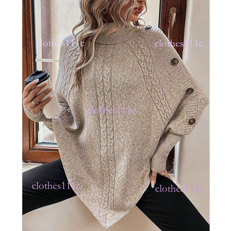 European And American Autumn Winter New Sweater Women's Clothing Amazon Cross-Border Knitted Fashion Cable Knit High Neck Button Batwing Sleeve T