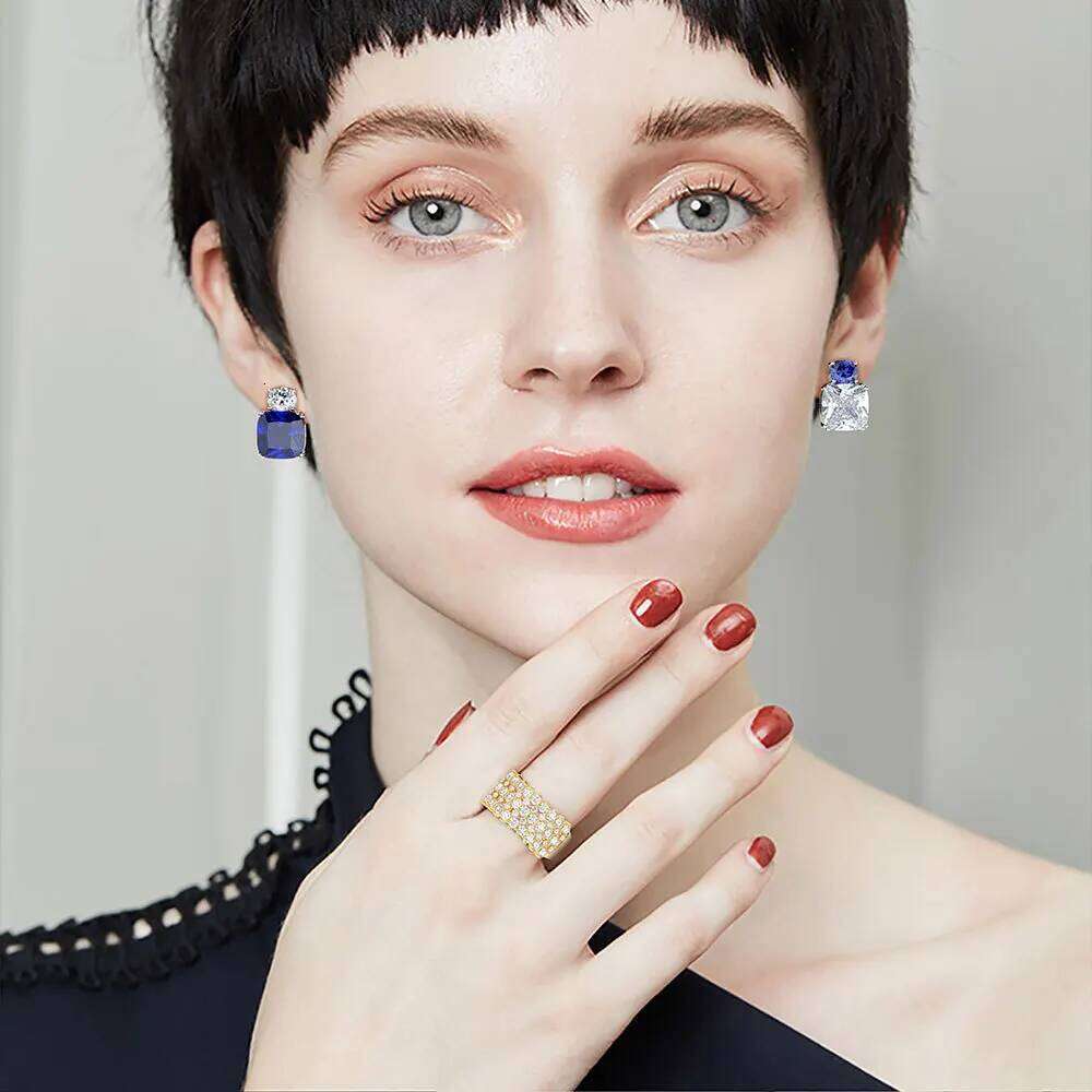 ZAKOL Exquisite Round Square Blue Zircon Stone Asymmetric Stud Earrings for Women Simple Couple Jewelry Gift Wholesale