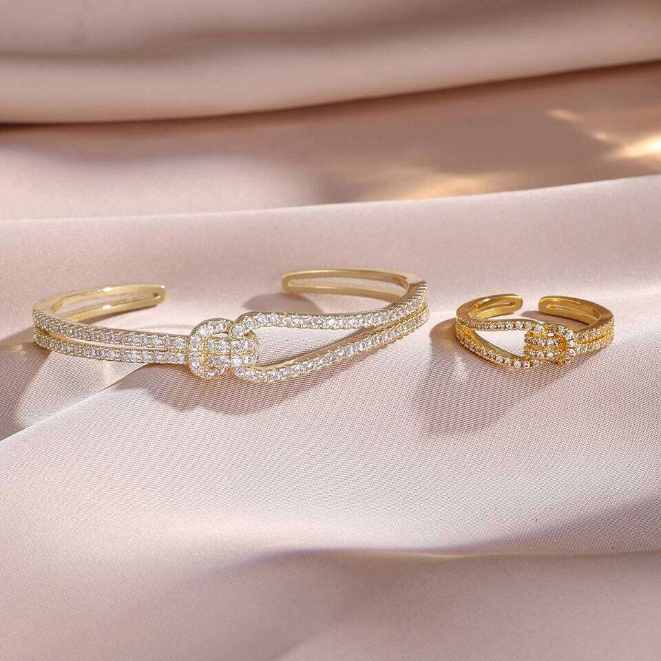 ZAKOL Classic Knotted Niche Design Micro-Inlaid Zircon Open Bracelet Ring for Women Exquisite Wedding Party Jewelry
