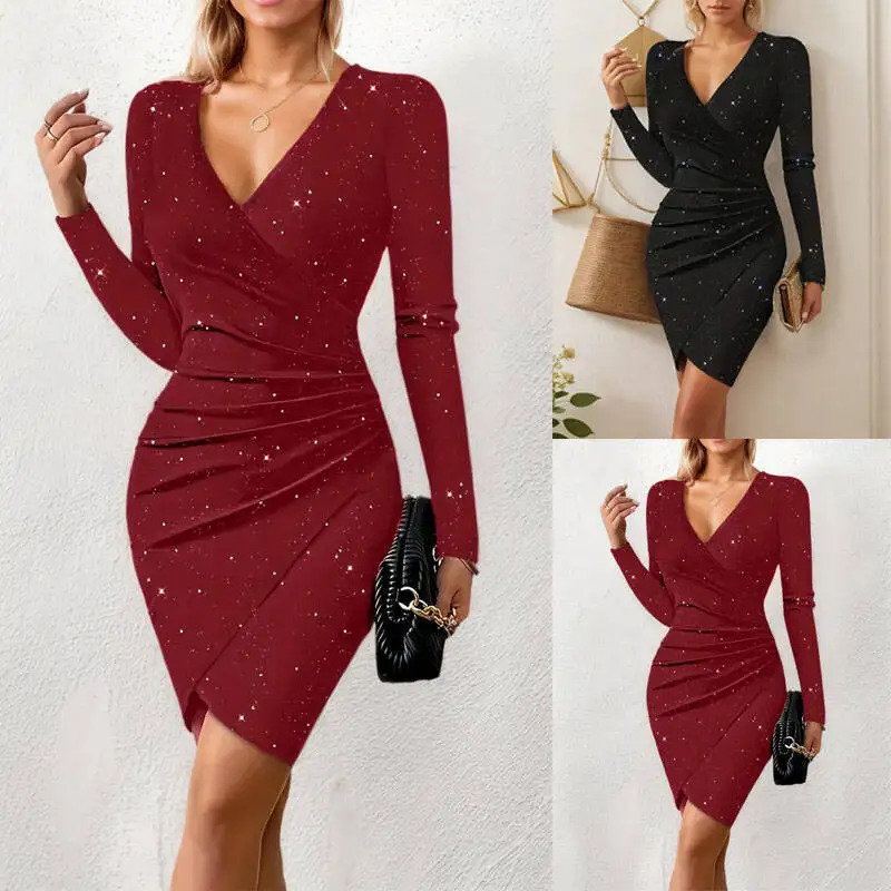 Fashion V-neck Long Sleeve Bodycon Dress Women Autumn Office Glitter Elegant Party Ofiice Wrap Slim Midi Dresses Robe Femme 251217